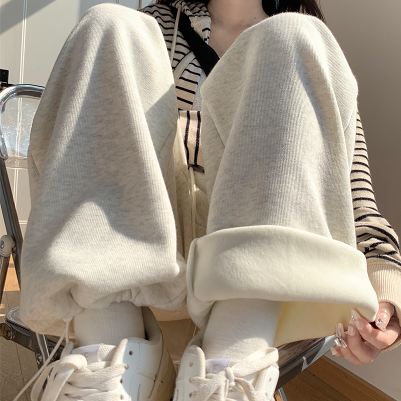 Fleece-Lined Women's Loose Jogger Pants, Fall/Winter 2026 New Style, Straight Wide-Leg American Casual Gray Sweatpants for Spring and Autumn