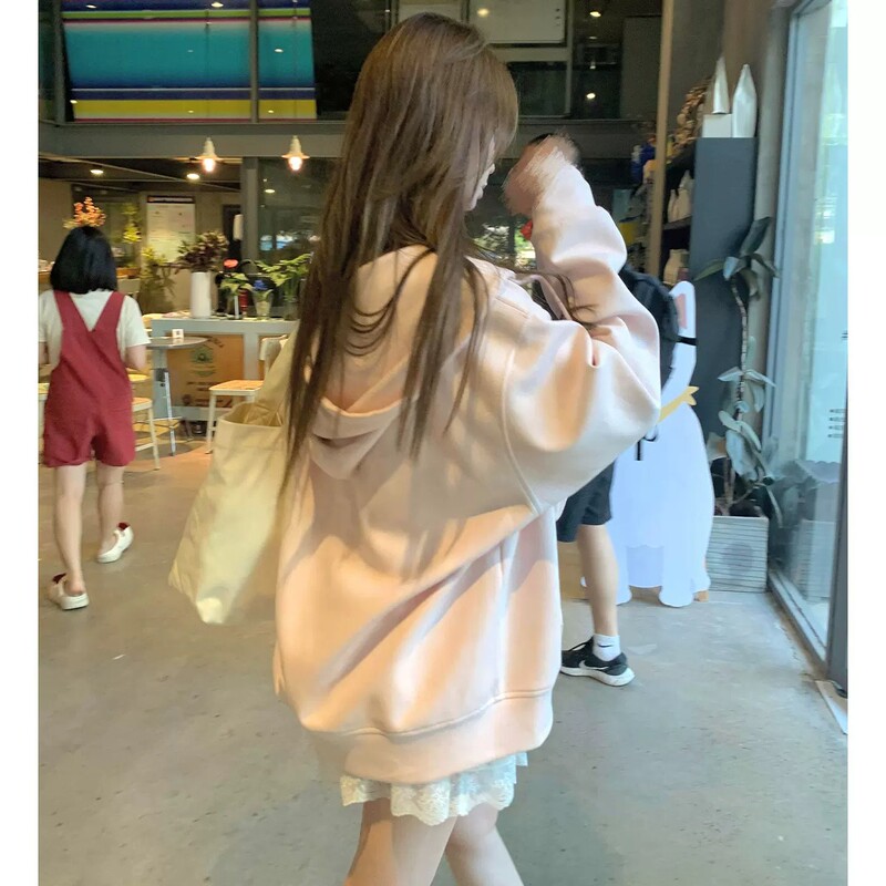 Pink Hooded Sweatshirt for Women, Spring and Autumn 2026 New Korean Style Outfit, Petite Lazy Style Jacket, Casual Top