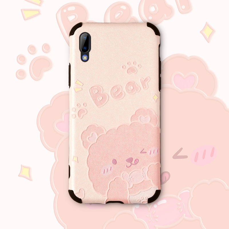 Cute Little Bear vivoy9s Mobile Phone Protection Shell Lady y7s Protective sleeves Vivo y5s Anti-fall y93 All-wrapped edge y3 Silicone Gel Frosted viv0 Japan-ROK Cartoon pink Adolescent Hearts I