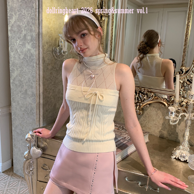 Dollringheart Off-White Lace-Up Patchwork Turtleneck Vest Slightly Sheer Rich Girl Style Cable Knit Wool Thin Sweater