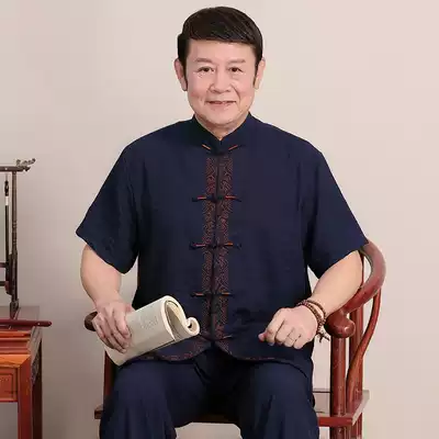 Tang suit men's short-sleeved suit thin cotton hemp linen father's suit Father's suit Old man Chinese elderly summer suit Grandpa's suit