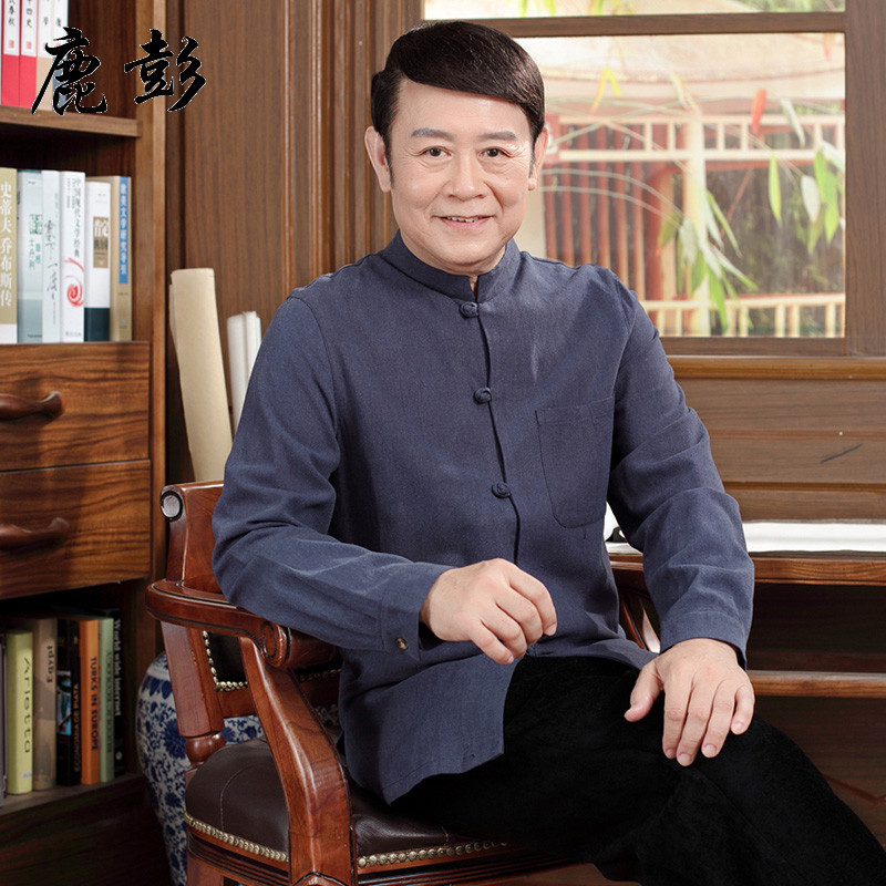 Middle-aged summer autumn Tang suit men's long-sleeved cotton Chinese-style shirt 3040 years old men's Chinese style dad clothes
