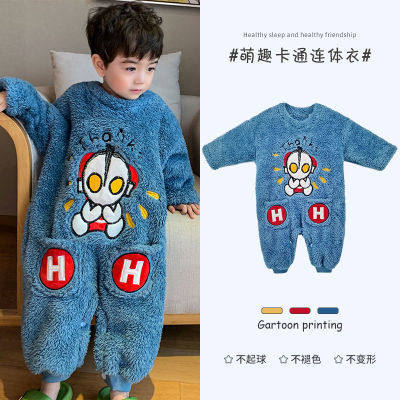 Ottman Child conjoined pyjamas boy flannel girl's home in winter style with velvet thickened coral suede baby 