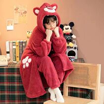 New heat pin plus suede thickened jade Gui dog coral suede pyjamas woman autumn winter anti-chill sweet and strawberry bear home sleeping robe