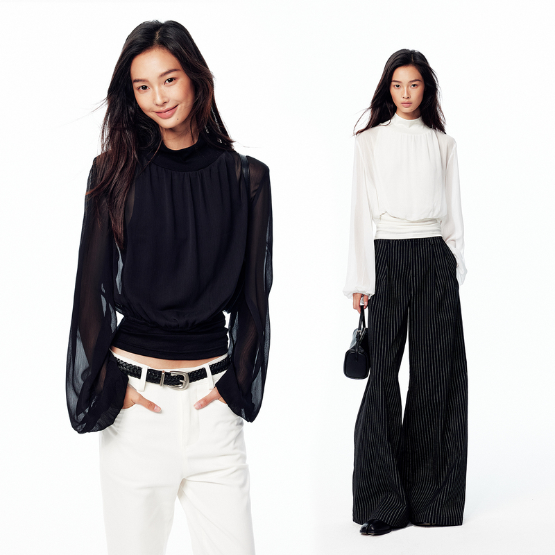Yuzhi Wool Blend Turtleneck Top with Chiffon Mesh Splicing, Long Sleeves, Skin-Friendly, Flowy, Gentle Base Layer Yuzhi Wool Blend Turtleneck Top with Chiffon Mesh Splicing, Long Sleeves, Skin-Friendly, Flowy, Gentle Base Layer