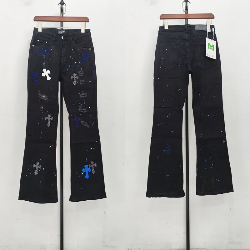 American High Street Style Cross-Stitch Rhinestone Jeans Unisex Versatile Slim Fit Flared Straight Long Pants