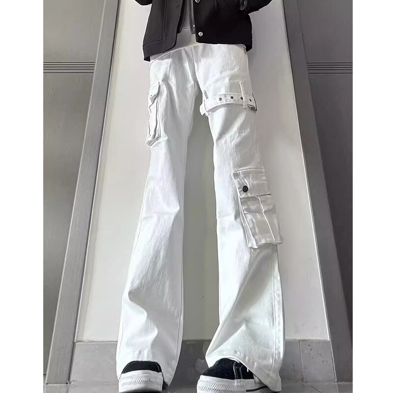 American-Style Cleanfit White Lace-Up Workwear Jeans for Men and Women, High Street Vibe Straight-Leg Pants, Loose Flared Pants