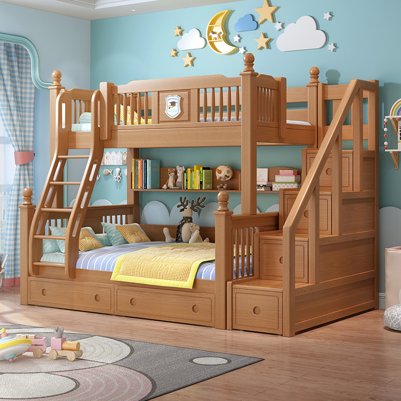 full solid wood upper bunk bed double bed beech wood multifunctional two layers adult children up and down bunk bed high and low primary and secondary bed