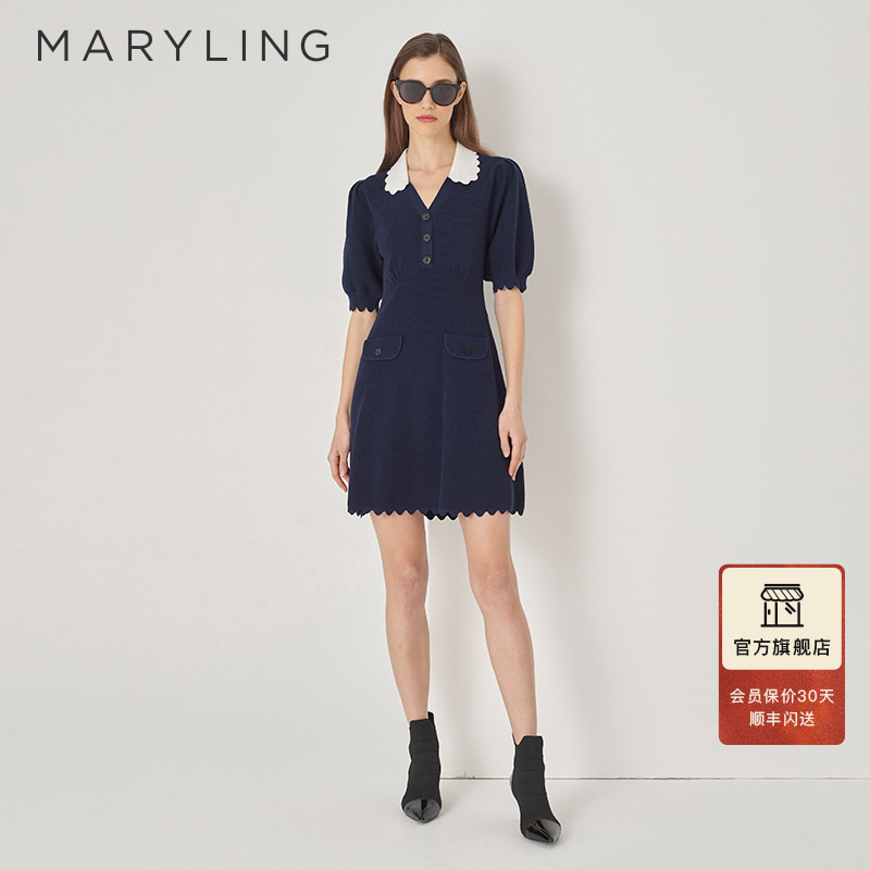 MARYLING マリリンの新作、ブルーとホワイトのウェーブエッジニットドレス A1DFW04610