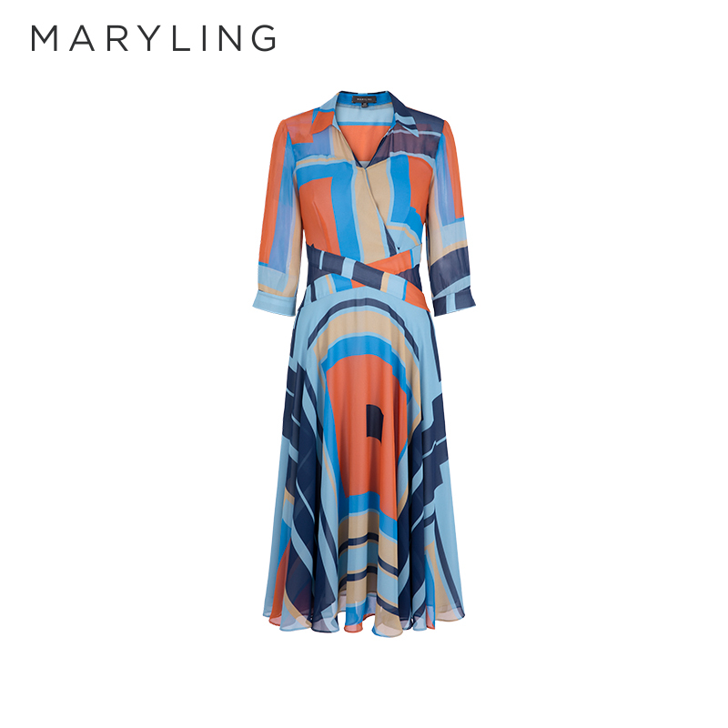 Maryling Early Summer New Product Blue Artistic V-Neck Printed Dress A1Dcw63630 Maryling Early Summer New Product Blue Artistic V-Neck Printed Dress A1Dcw63630
