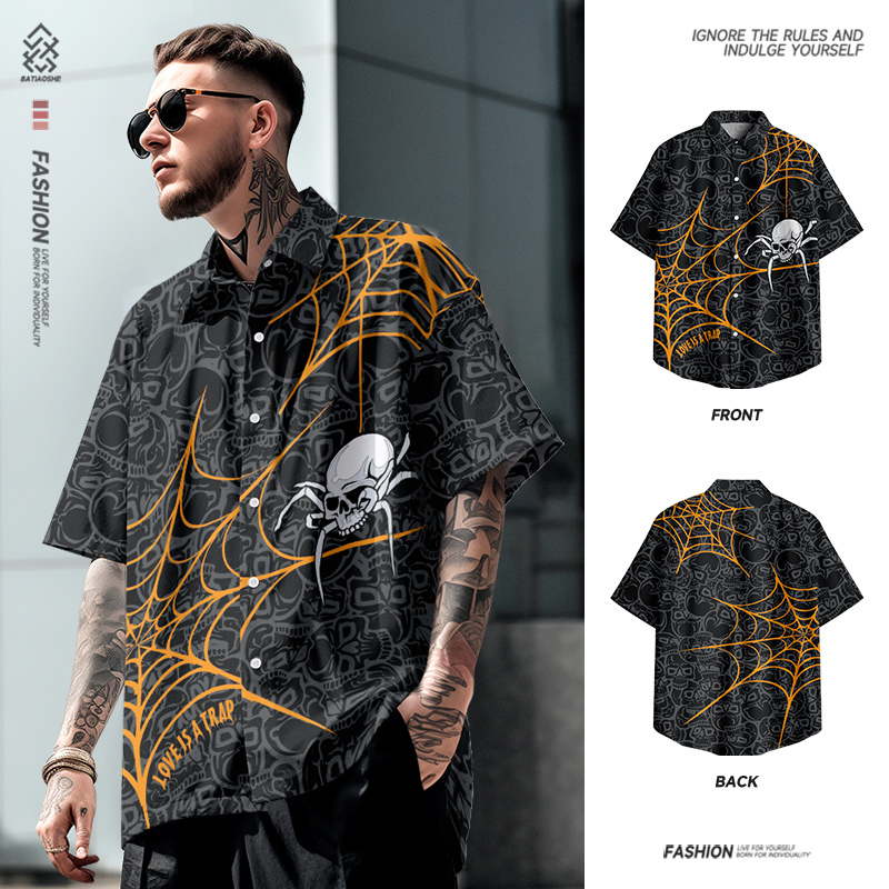 Summer New American Style Trendy Short-Sleeved Floral Shirt Unisex Loose Casual Top Skull Half-Sleeve Jacket for Men Summer New American Style Trendy Short-Sleeved Floral Shirt Unisex Loose Casual Top Skull Half-Sleeve Jacket for Men