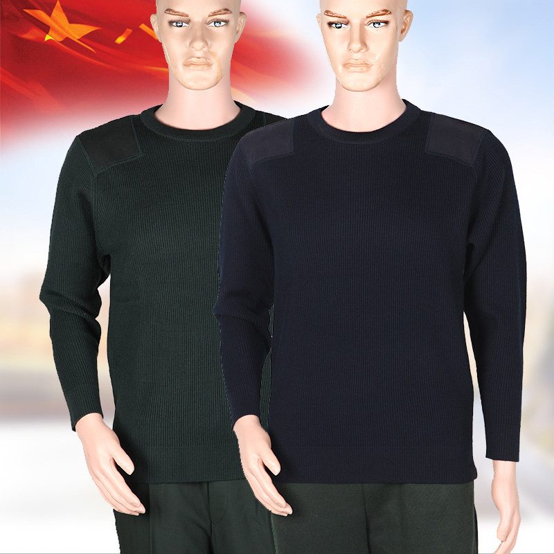 New-style navy blue round collar army green sweater cadre thickened V-neck business professional tooling wool sweater men's velvet
