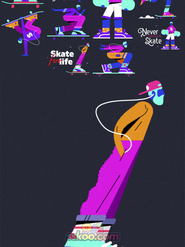 扁平小人人物形象体育运动场景霓虹灯滑板插画插图矢量ai设计素材插图2