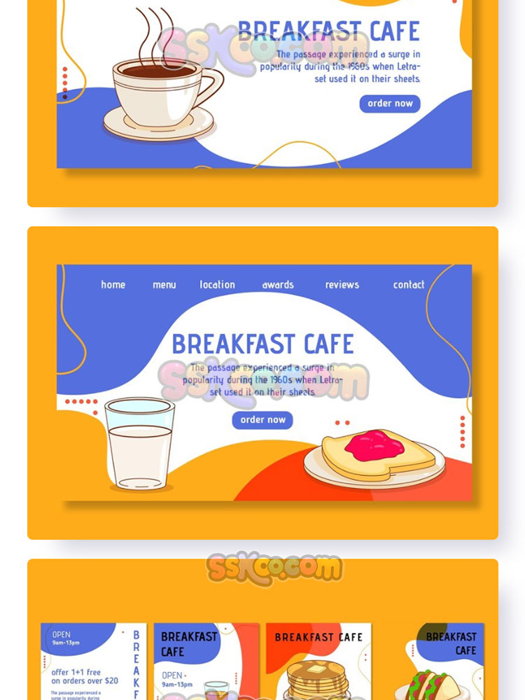 手绘美食早餐鸡蛋面包三明治咖啡牛奶ai海报卡片宣传页设计素材插图5