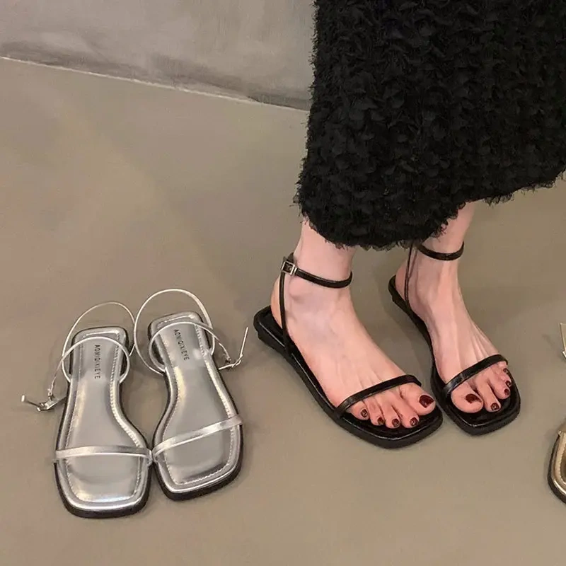 Vacation Style Versatile One-Strap Sandals for Women, Summer Chunky Heel Silver Fairy Sandals, French Roman Women's Shoes