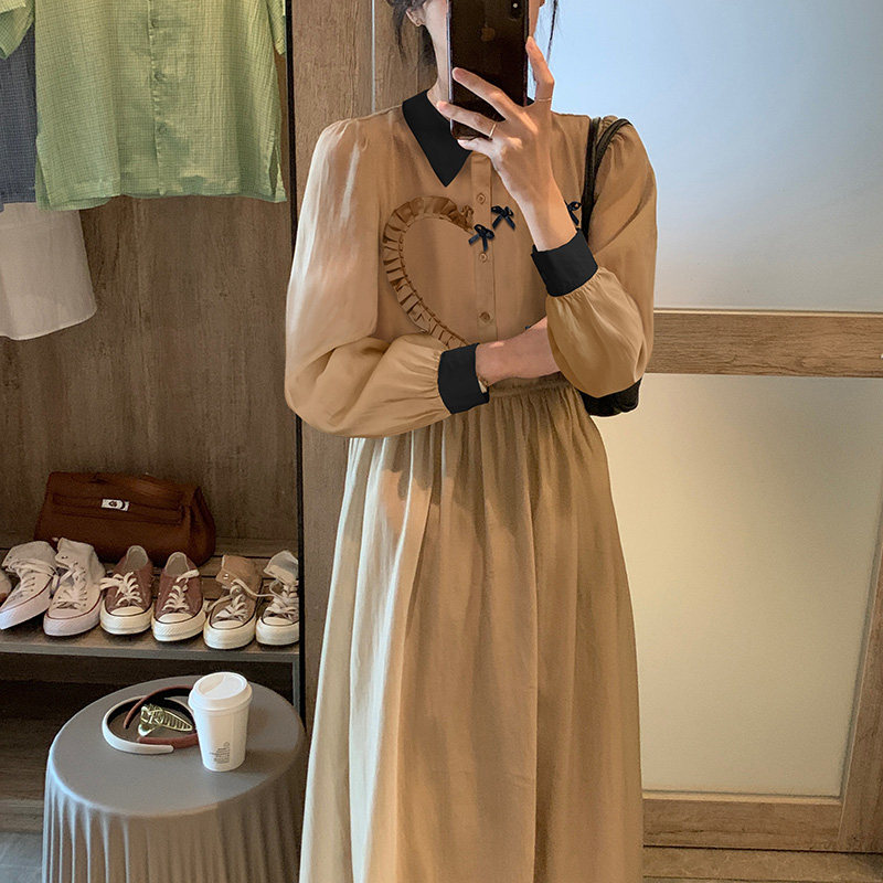 Small fragrant wind apricot pink one-piece dress woman long sleeve 2023 early spring new collection waist display slim fashion trend with long dresses-Taobao