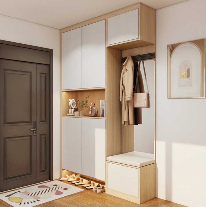 Light luxury entry shoe cabinet with mirror high cabinet and door to wall solid wood to collect large capacity porch to top customization
