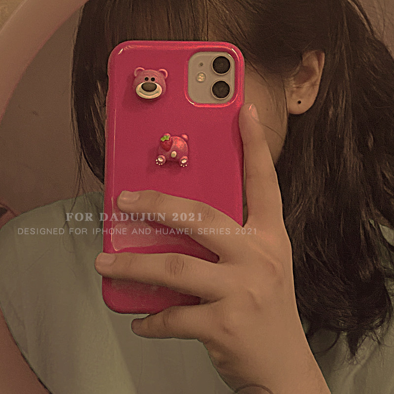 Three-dimensional Mei red strawberry bear application Apple 12 mobile phone protective shell 11pro max cute cartoon x silicone gel softshell female damp net red same iphone12pro brief about full package xs anti