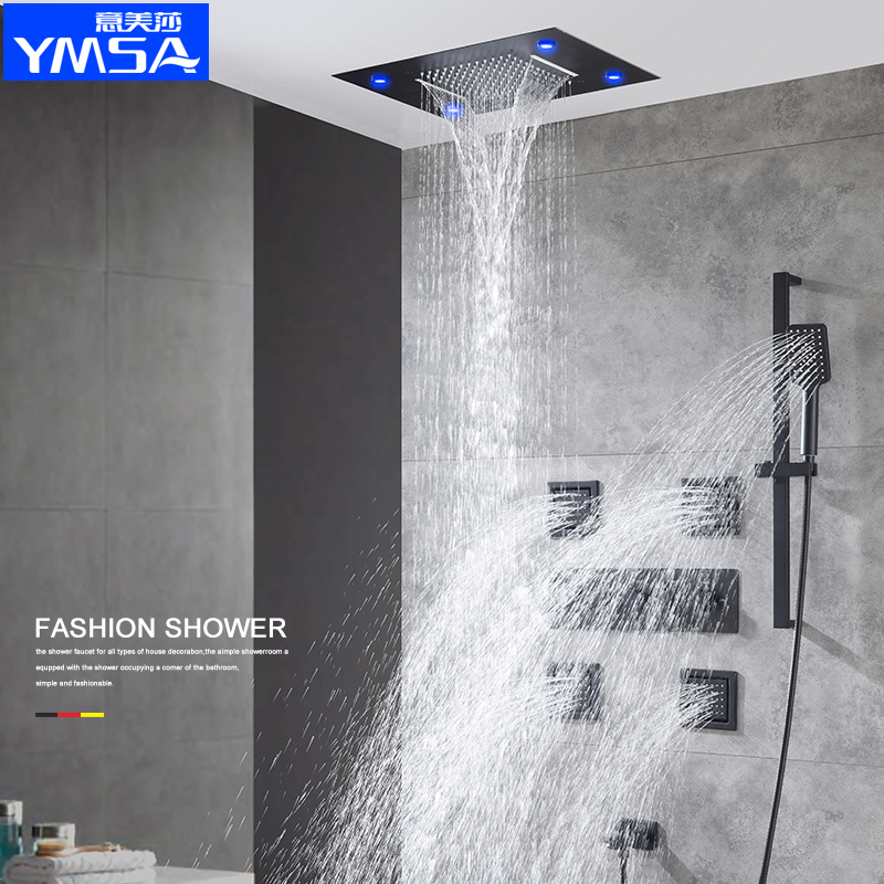Yimesa Black concealed hidden into the wall embedded ceiling waterfall thermostatic bathroom shower set home