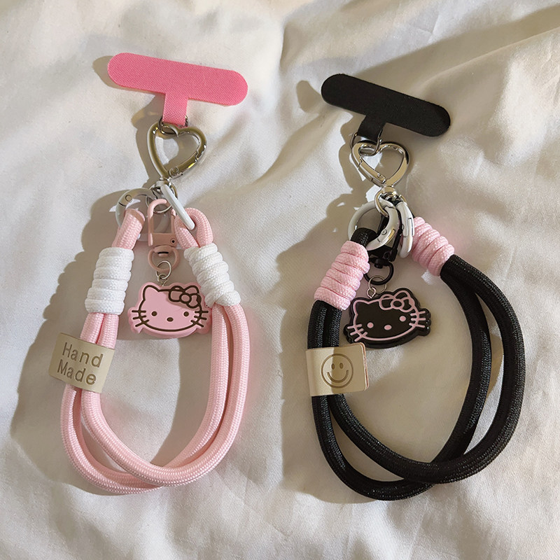 3D Hello Kitty Rotating Buckle Braided Hand Rope Suitable for Universal Phone Cases, DIY Phone Accessories, Portable Keys, Earphones, Cute Cartoon Pendant, Japanese and Korean Style, Indian Girly Phone Strap