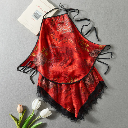 真丝女肚兜内衣套装夏季薄款透气吊带性感纯手工露背式香云纱睡衣