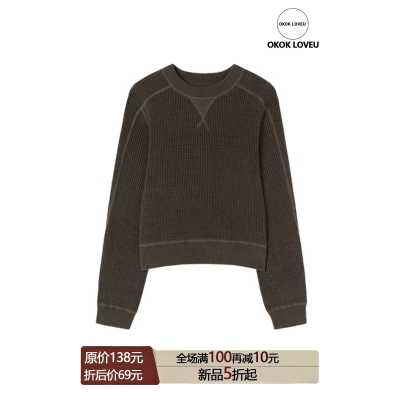 Okok Loveu Retro Trendy Waffle Round-Neck Pullover Knit Sweater Summer New Casual Style Top Okok Loveu Retro Trendy Waffle Round-Neck Pullover Knit Sweater Summer New Casual Style Top