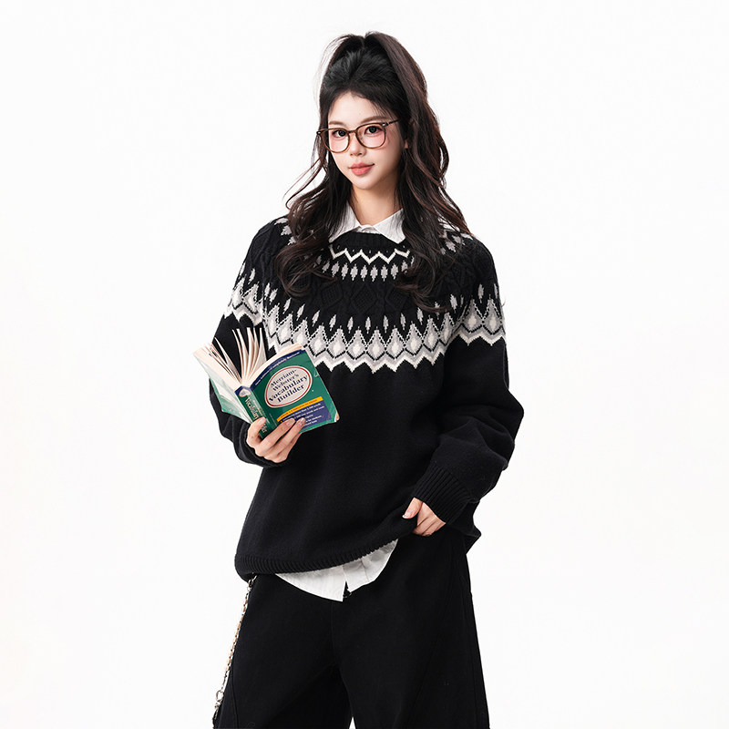 Bluescola, жаккардовый свитер с круглым вырезом в стиле американского ретро Fair Isle, женский свитер свободной вязки в ленивом стиле, топ-тренд Изображение 1