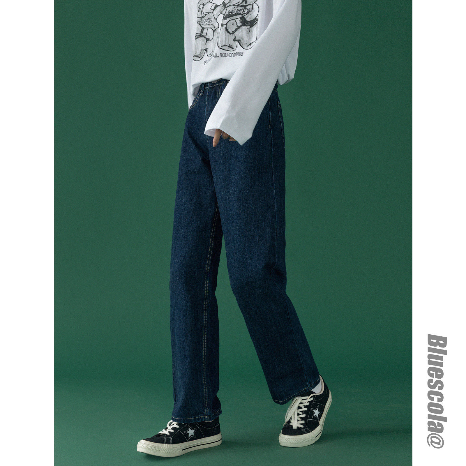 Pants children 2022 new high waist jeans display slim and high Korean version loose 100 lap deep blue straight cylinder long pants autumn