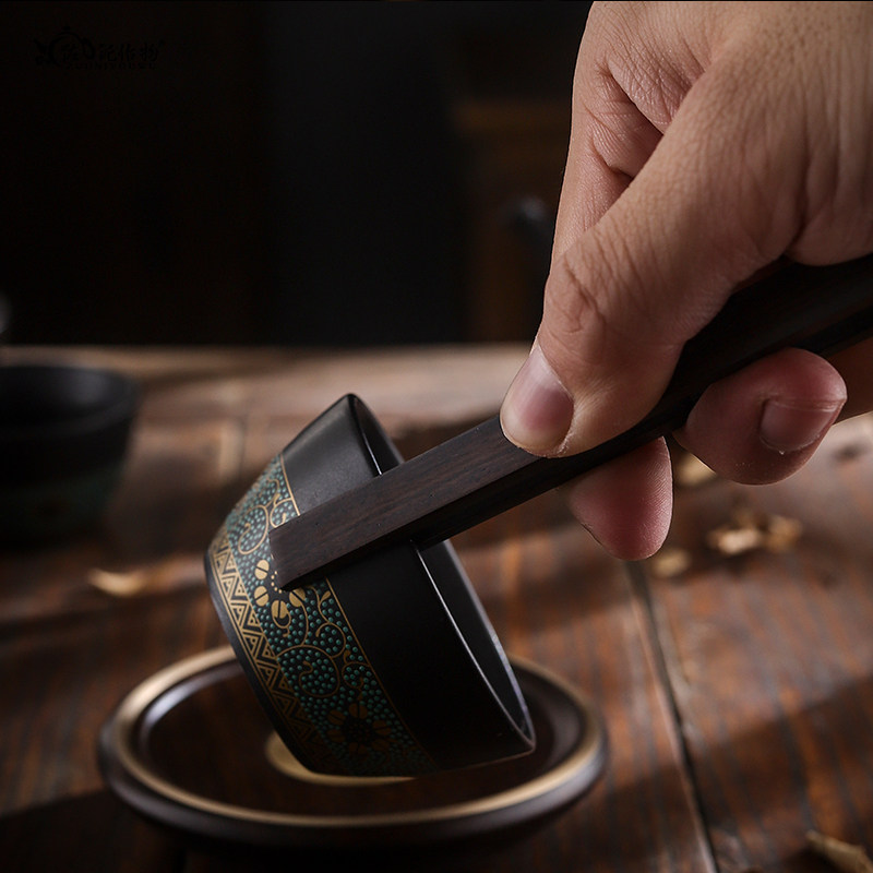 Tea clip handmade ebony inlaid gold anti-hot tea cup sandwich solid wood tweezers home tea ceremony six gentlemen tea set accessories