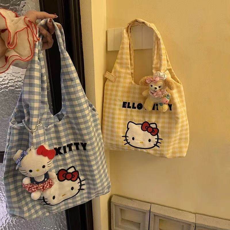 Новая летняя и осенняя сумка kitty, легкая и универсальная сумка с героями мультфильмов для прогулок, повседневная сумка для офисных работников, клетчатая сумка на одно плечо