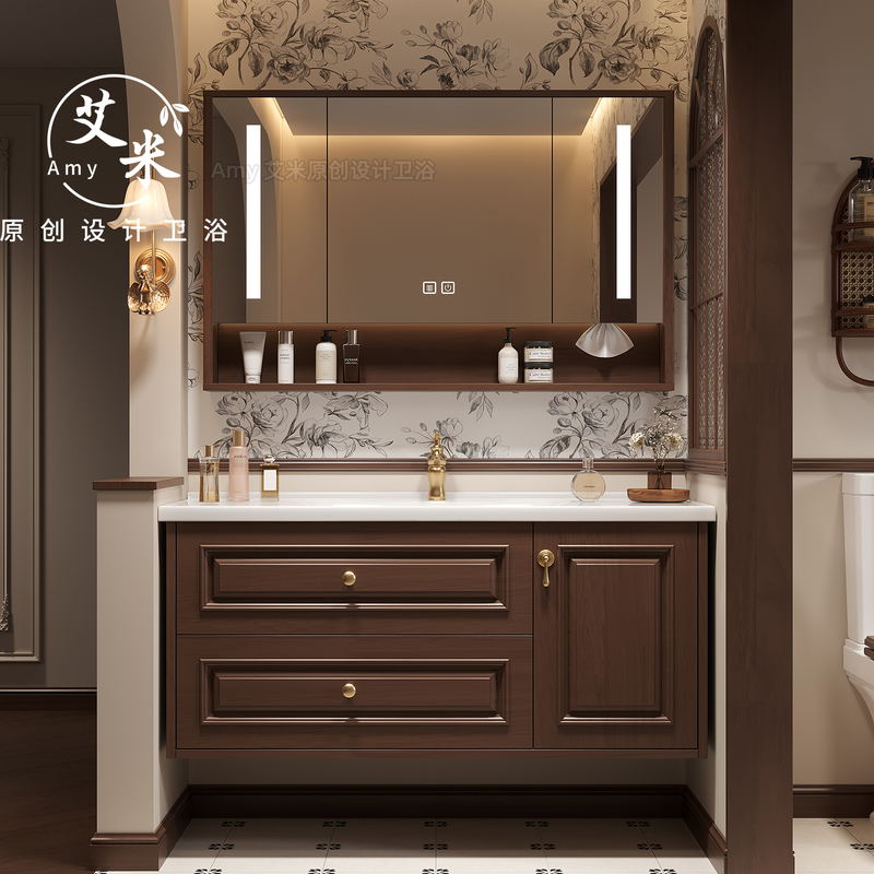 American-Style Retro Bathroom Cabinet Set with Integrated Ceramic Basin, Light Luxury Washstand, Solid Wood Washbasin