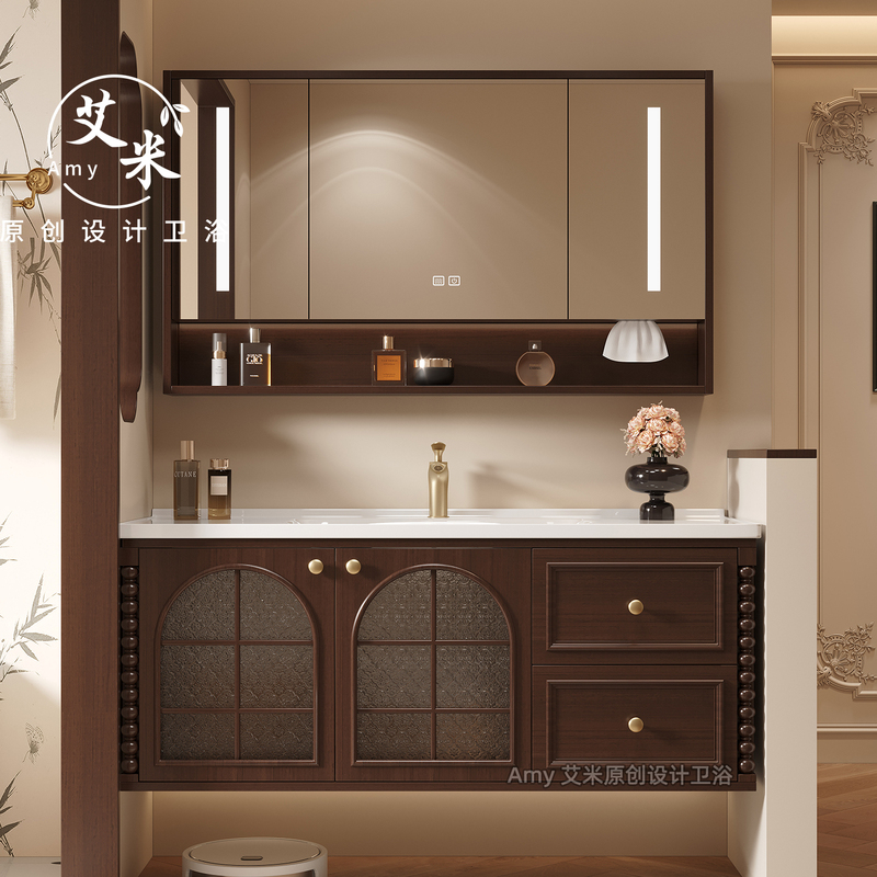 French Retro Style Slate Bathroom Cabinet Combination with Wall-Mounted Smart Mirror Cabinet, Solid Oak Washbasin Cabinet for Bathroom