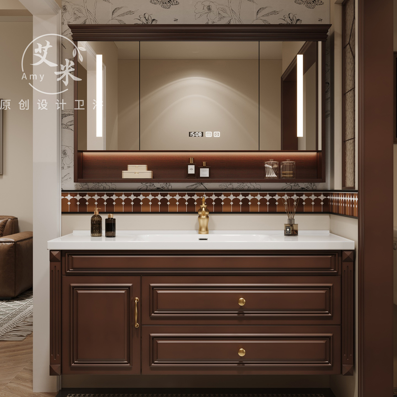 American-Style Retro Solid Wood Bathroom Cabinet Set with Vintage Integrated Ceramic Basin Washbasin and Vanity Cabinet American-Style Retro Solid Wood Bathroom Cabinet Set with Vintage Integrated Ceramic Basin Washbasin and Vanity Cabinet
