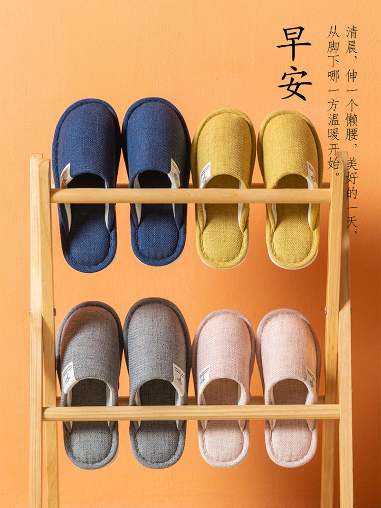 Four seasons linen cotton linen couple slippers for men and women Japanese home indoor non-slip shoes Wooden floor soft bottom cotton drag