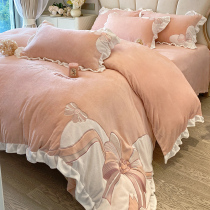 Girly winter thickened milk velvet four-piece set Korean princess style bow double-sided coral velvet duvet cover bedding