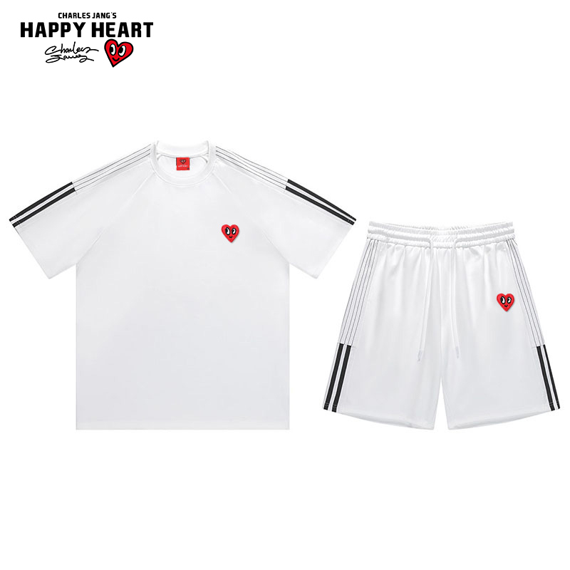 Charles Heart Striped Sports Short Sleeve Shorts Set for Men 2026 Summer Thin Running Shorts