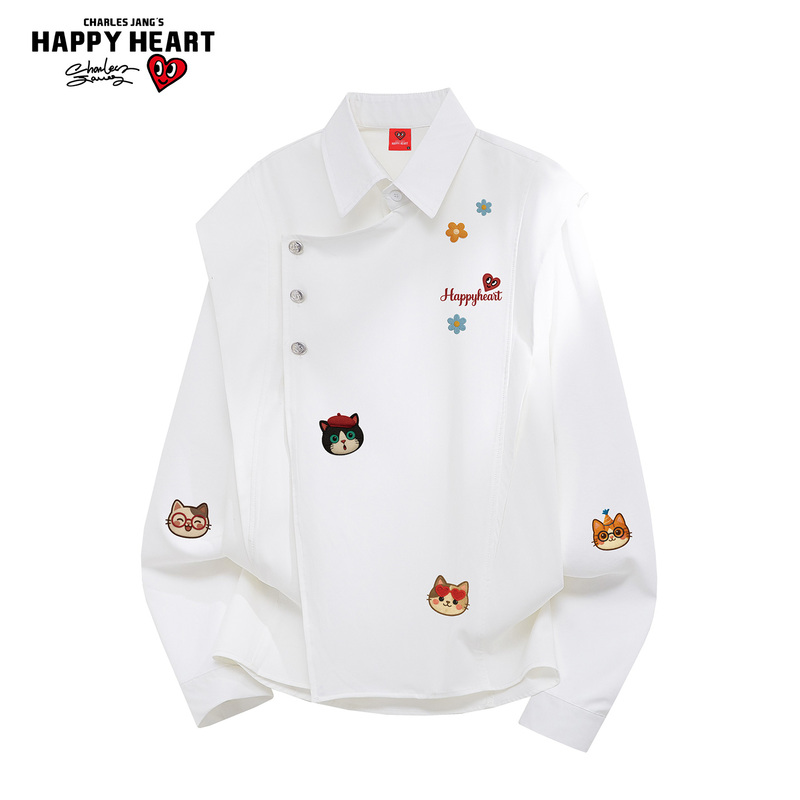 Charles Heart Kitty Print Casual Long Sleeve Shirt for Men and Women, New Autumn Loose Fit Niche Design Top