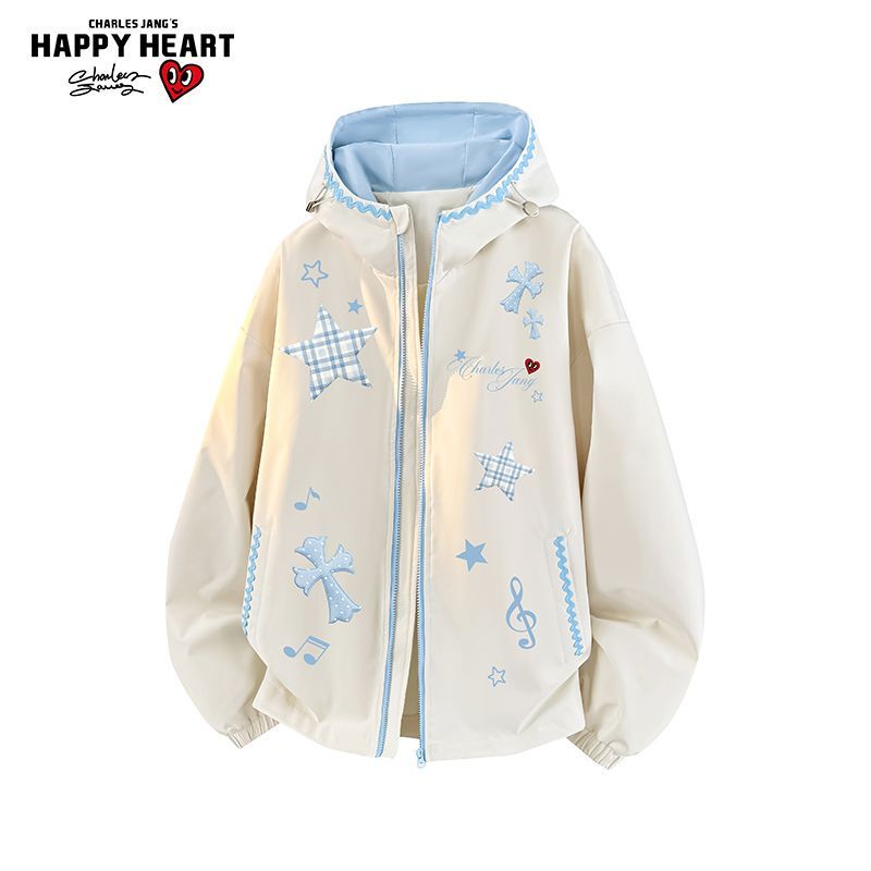 Charles Heart Star Charm Music Score Shell Embroidery Windproof Waterproof Hooded Jacket Coat Unisex Loose Top