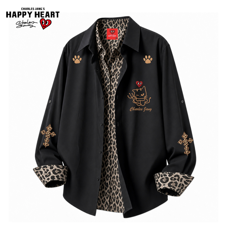 Charles Heart Pattern Faux Two-Piece Leopard Print Color-Block Shirt Jacket Unisex Spring and Autumn Trendy Casual Long Sleeve Shirt