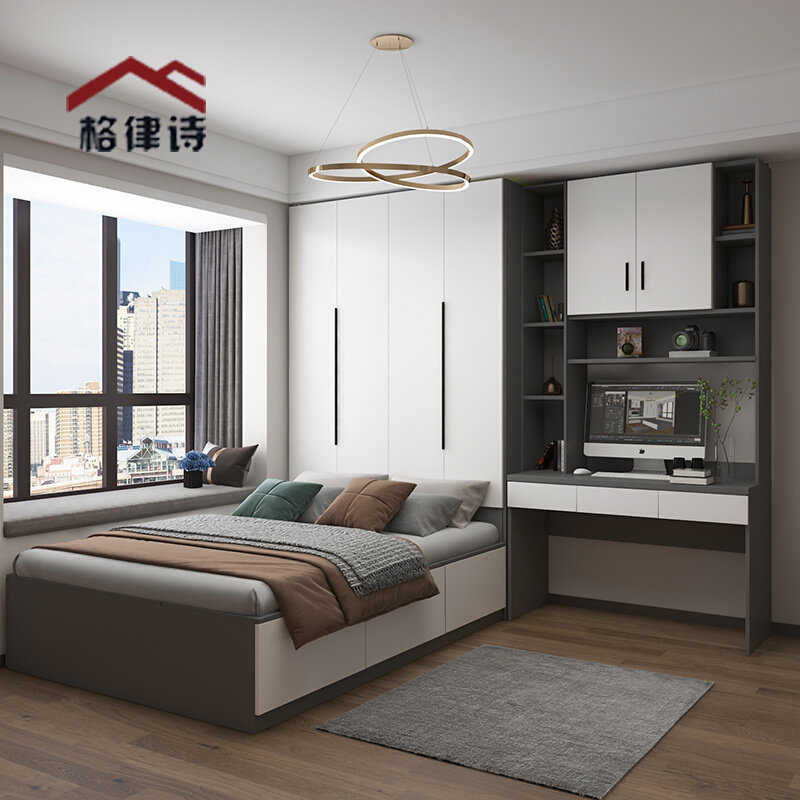 Modern tatami bed wardrobe integrated desk bookcase desk high box storage bed multifunctional bedroom small apartment