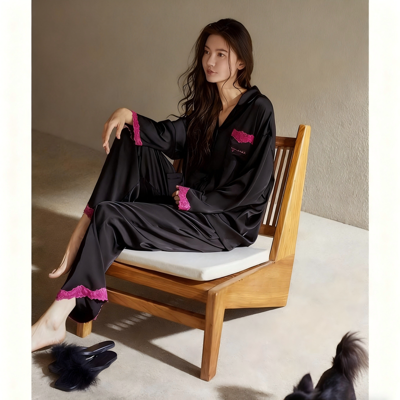 Victoria Silk Pajamas for Women, Autumn and Winter Thin Long-Sleeved Loungewear, Silk, Light Luxury Style, High-End Feel, Black Victoria Silk Pajamas for Women, Autumn and Winter Thin Long-Sleeved Loungewear, Silk, Light Luxury Style, High-End Feel, Black