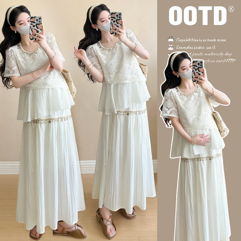 Maternity Wear Summer Loose-Fitting Korean Style Bohemian Style Lace Hollow Short-Sleeved Shirt and Tassel Skirt Two-Piece Set Maternity Wear Summer Loose-Fitting Korean Style Bohemian Style Lace Hollow Short-Sleeved Shirt and Tassel Skirt Two-Piece Set