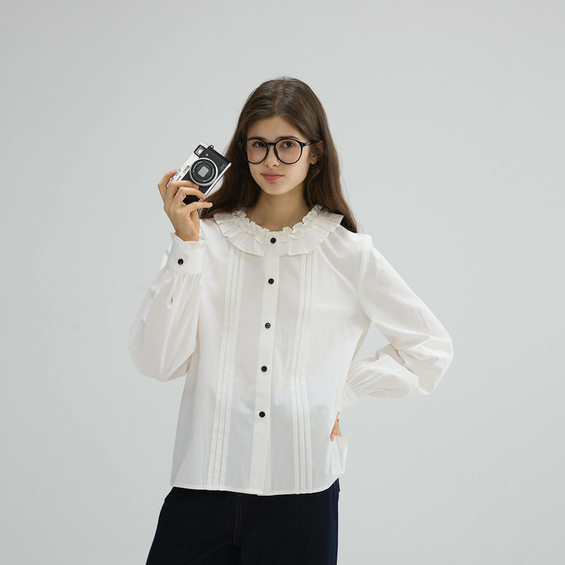 Willbewell French Retro Girly Design Heavy-Duty Petal Collar Long-Sleeve Shirt for Layering
