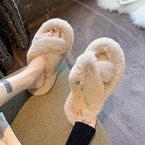 Gross wool slippers new 2021 exploits women wearing new Korean version real rabbit fur shoes autumn and winter home cotton slippers