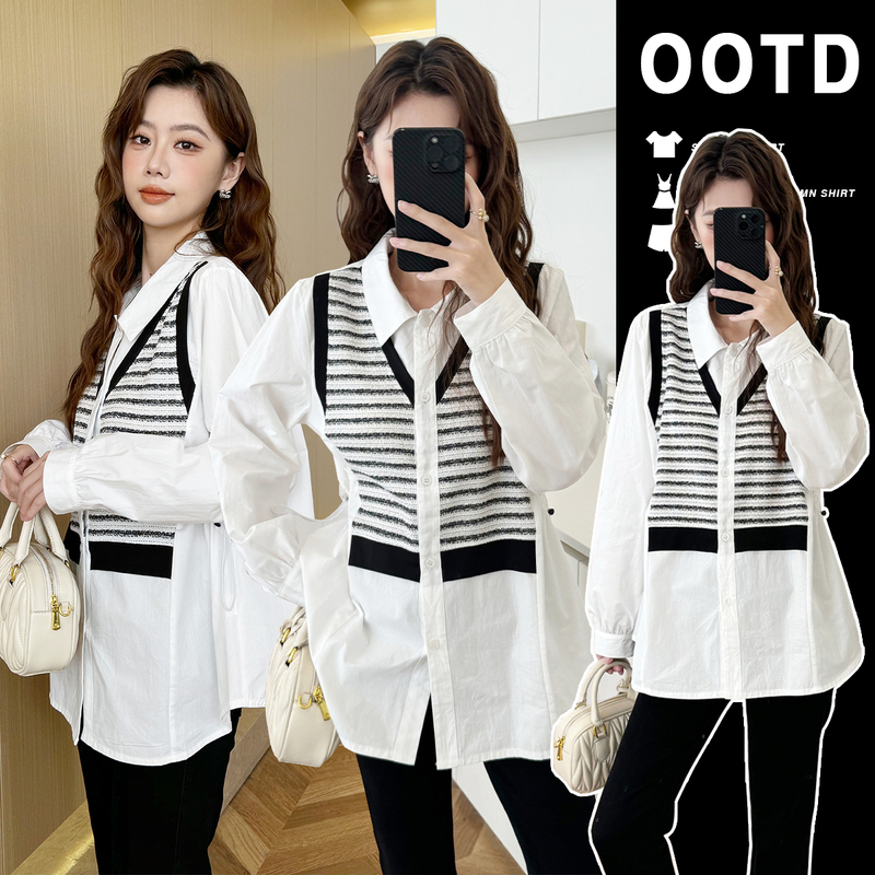 Maternity Wear, Spring and Autumn Design, Niche Tops, Loose-Fitting, Belly-Covering, Striped Long-Sleeved Shirts, Plus-Size Tops, Babydoll Shirts