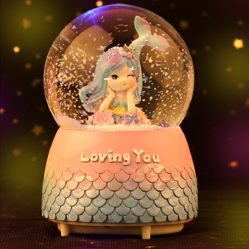 Crystal Ball Music Box Rotating Music Box Mermaid Princess Snowflake Children Girls Girls New Year's Birthday Gift