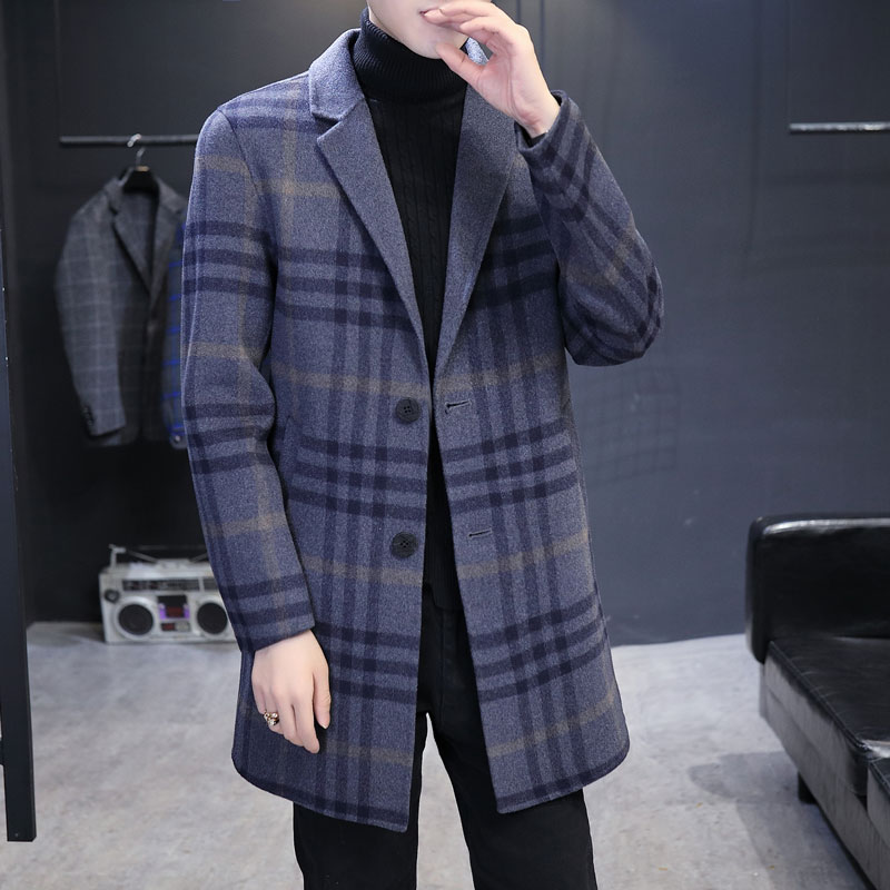Double-sided woolen coat men's medium and long version cashmere-free windbreaker autumn and winter Korean fashion woolen cloth plaid coat