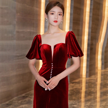 The red bride toasting the 2021 new high-quality and elegant fish tail self-sustaining skinny lady party evening dress woman