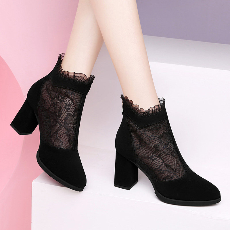 Mesh boots women's hollow thick heel mesh boots 2023 spring and autumn new black sandals single boots thin high-heeled short boots