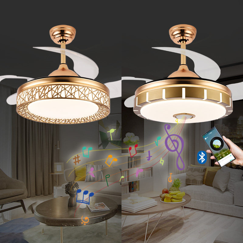 Multi-baron invisible ceiling fan light with Bluetooth sound hanging lamp dining room bedroom large wind frequency conversion home ceiling fan lamp